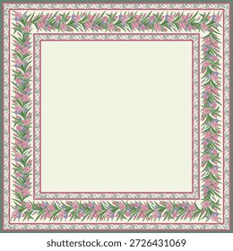 Uma elegante borda floral estilo vintage com flores de íris desenhadas à mão e ornamentos botânicos intrincados, perfeito para desenhos de cachecol ou quadros de imagem clássicos.