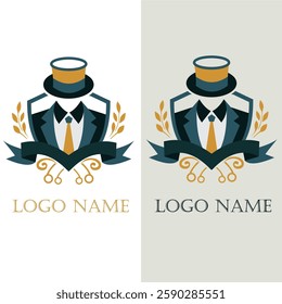 Elegant vintage-style logo featuring a faceless gentleman in a suit and top hat, framed by a classic emblem with laurel leaves and a ribbon banner. Ideal for luxury brands, tailoring businesses.