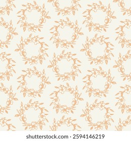 Elegant vintage-style seamless pattern featuring delicate hand-drawn floral wreaths with leaves and blossoms in warm beige on a soft cream background. Square social media Easter banner template