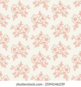 Elegant vintage-style seamless pattern featuring delicate hand-drawn floral bouquets with leaves and blossoms in soft coral on a cream background. Square social media Easter banner template