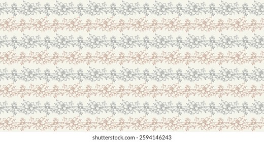 Elegant vintage-style seamless pattern featuring hand-drawn floral garlands arranged in horizontal stripes, in soft gray and beige on a cream background. Horizontal Easter banner