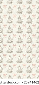 Elegant vintage-style seamless pattern featuring hand-drawn lanterns with candles, delicate floral accents, and decorative bows in beige and coral on cream. Vertical social media Easter footage