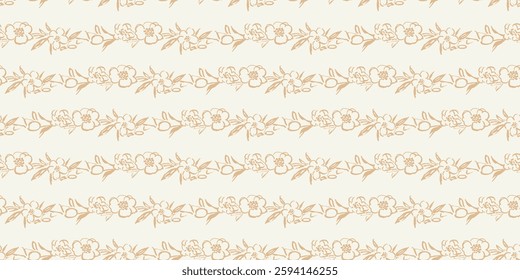 Elegant vintage-style seamless pattern featuring hand-drawn floral garlands arranged in horizontal stripes, illustrated in warm beige on a cream background. Horizontal Easter banner