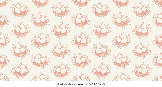 Elegant vintage-style seamless pattern featuring hand-drawn bird nests with eggs, delicate blossoms, and leaves in soft coral on a cream background. Horizontal Easter banner