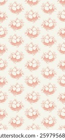 Elegant vintage-style seamless pattern featuring hand-drawn bird nests with eggs, delicate blossoms, and leaves in soft coral on a cream background. Vertical social media Easter footage