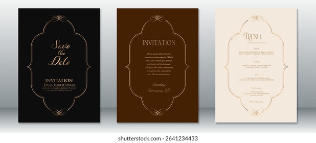 Elegant vintage-style wedding invitation set featuring Save the Date, Invitation, and Menu cards. Designed with ornate gold line borders on rich black, chocolate brown, and soft cream backgrounds.  