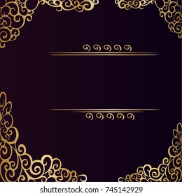 Elegant violet and black square background with golden decor and frame for text. Greeting card, invitation