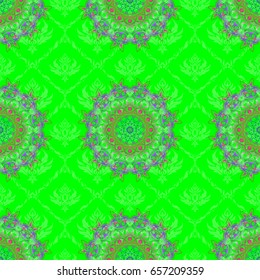 Elegant violet, green and pink seamless pattern with and Mandala elements.