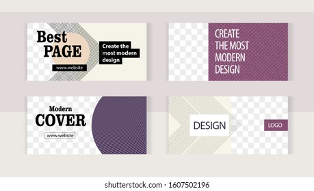 Elegant violet and pastel colors linear patterns. Background set horizontal banner templates with frame for images. Stylish design for creativity.