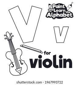 Elegante violín con arco, listo para la clase gramática didáctica de la letra 'V' y sesión de coloración.