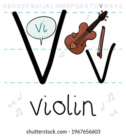 Elegante violín con letras "V", enseñándote a pronunciar esa letra y el alfabeto inglés.