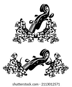 elegant violin neck and pegbox among rose flowers heraldic decor - classical music emblem black and white vector design set