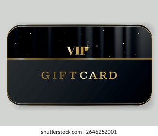 Elegante cartão de presente VIP com design preto e dourado com estrelas cintilantes e estilo minimalista. Perfeito para presentes de luxo, ofertas exclusivas, compras premium e ocasiões especiais. Vetor