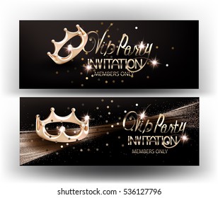 Elegant VIP invitation card with gold shiny crown. Vector illustration