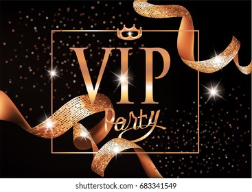 Elegant VIP invitation card with gold curly ribbons and frame. Vector illustration