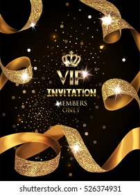 Elegant VIP invitation card with silk textured curled gold ribbons