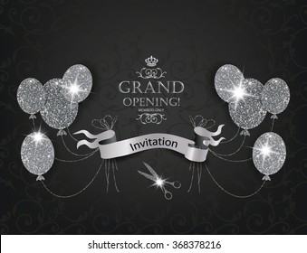 Elegant VIP Invitation cards with abstract air balloons, scissors and silver ribbon