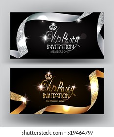 Elegant VIP party invitation cards with textured curled gold and silver ribbons. Vector illustration