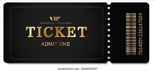Elegante bilhete VIP com design preto e dourado com letras e código de barras em negrito. Perfeito para eventos exclusivos, festas de luxo, admissões especiais e acesso premium.Vetor