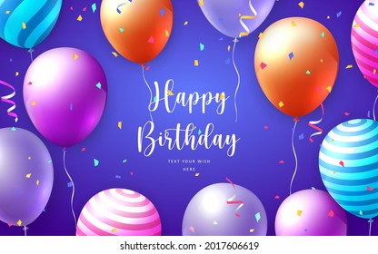 Elegant vivid vibrant colorful balloon and party popper ribbon Happy Birthday celebration card banner template 