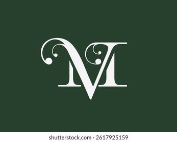 Elegante logotipo de monograma VM serif, clásico y moderno. Los sutiles Elementos orgánicos en el diseño añaden un toque natural y elegante. Ideal para marcas premium de lujo, incluyendo moda, cosméticos de belleza, accesorios.