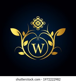 Elegant W Luxury Logo. Golden Floral Alphabet Logo with Flowers Leaves. Perfect for Fashion, Jewelry, Beauty Salon, Cosmetics, Spa, Boutique, Wedding, Letter Stamp, Hotel and Restaurant Logo.
