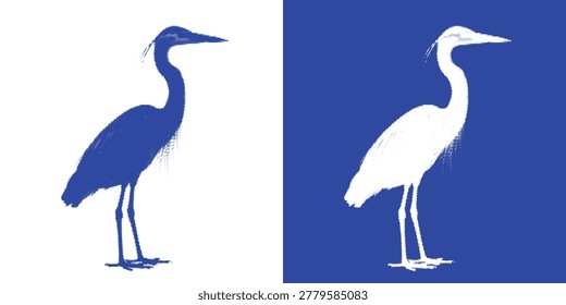 Elegant wading heron cyanotype sun print bird vector in Prussian blue for wetland wildlife wall art and printable boho decor.