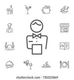 Elegant Waiter Character Icon On The White Background. Simple Set Of Restaurant Vector Line Icons.