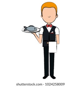 elegant waiter with fish in tray