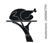 Elegant waiter hands holding serving tray with baked bird. Vector flat silhouette illustration