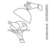 Elegant waiter hands holding silver serving tray with baked bird and lid cover cloche for food. Vector flat outline illustration