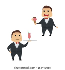 Elegant waiter set doing actions for use in advertising, presentations, brochures, blogs, documents and forms, etc.