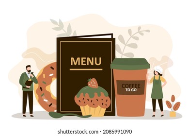 Elegant waiter takes orders from visitors. Baker prepares various desserts. Menu book and various dish. Restaurant business concept. Professional staff serves customers of cafe. Vector illustration