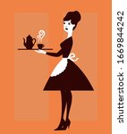 Elegant waitress with a tray. Slender woman holding tray with coffee pot and cup of hot coffee. Vector illustration.