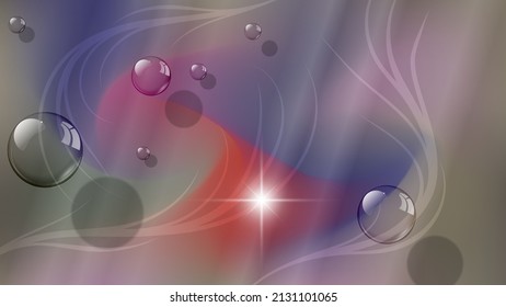 Elegant wallpaper with 3D effect. Transparent bubbles of different sizes against the background of mixing colors, smooth stripes, highlights and glows. Vector. 