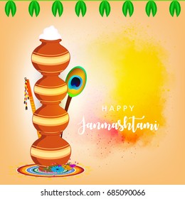 Elegant Wallpaper design with Makkhan Pots, Bansuri etc. on grungy background for Krishna Janmashtami. 