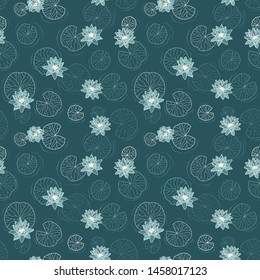 Elegant water lily with water leaves seamless pattern, romantic teal background, great for fashion prints, textiles, wrapping, wallpapers, banners - vector surface design