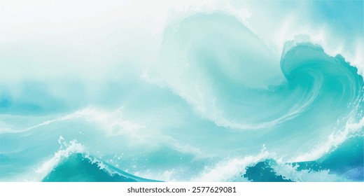 Elegant Water Wave Abstract Design in Soft Blue and Green Watercolor, Perfect for Background Use in Graphic Design Projects Focused on Tranquility and Oceanic Themes.
