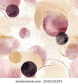 Elegant Watercolor Abstract Seamless Vector Pattern. Blend of soft pink, golden hues, and deep purple tones. Abstract circles and lines create a sense of elegance and sophistication