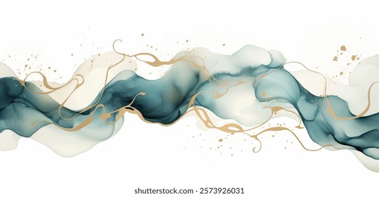 Fluxo artístico de aquarela elegante de verde e ouro esplandece o fundo. Design vetorial combina fluidez e graça com arte abstrata. Interação delicada de cores composição sofisticada irradiando