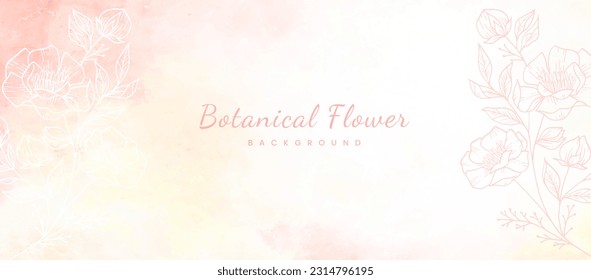 Elegant watercolor background with flower and leaves for invitation save the date card. Botanical flower background with trendy wildflowers and minimalist flowers for wall decoration or wedding.