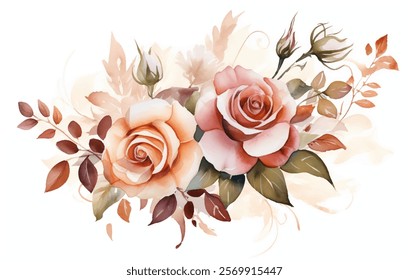 Elegant watercolor bouquet of roses in soft peach and pink hues, with delicate greenery and intricate floral details. Each petal natural beauty, intricate textures and subtle gradients vector design