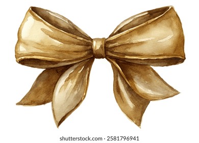 Elegant watercolor bow, soft golden hues, decorative ribbon, gift wrapping, artistic design, festive elements.