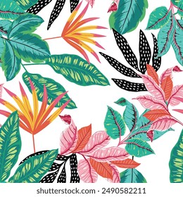 Elegant watercolor colorful summer tropical garden floral leaves illustration background seamless pattern repeat print textile fabric vector artwork