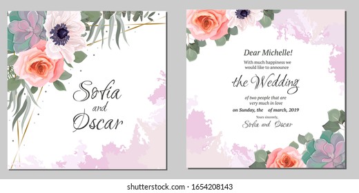 Elegant watercolor design for wedding invitations. Succulents, white anemones, roses, eucalyptus, green plants and flowers. Postcard template for your text.