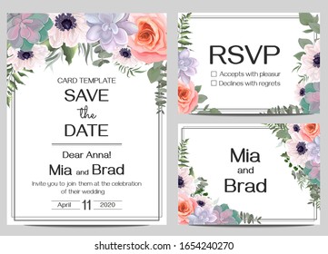 Elegant watercolor design for wedding invitations. Succulents, white anemones, roses, eucalyptus, green plants and flowers. Postcard template, rsvp for your text.