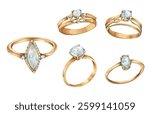 Elegant watercolor diamond ring illustration with delicate details, ideal for bridal projects, wedding decor, and luxury jewelry aesthetics.