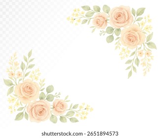 Elegant watercolor floral corner frame with soft pastel roses and green foliage in delicate romantic style for wedding invitations, greeting cards, and decorative festive projects. Vector illustration