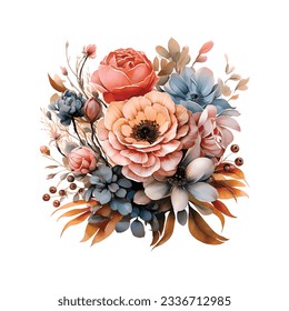 Elegant watercolor floral illustration of a spring flower bouquet isolated on white background