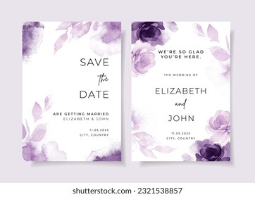 Elegant watercolor with floral and leaves on wedding invitation card template